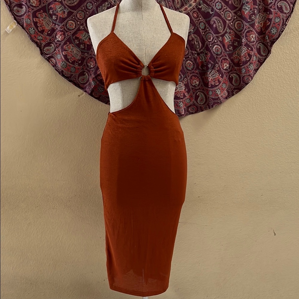 Orange Ribbed Cut Out Bodycon Dress